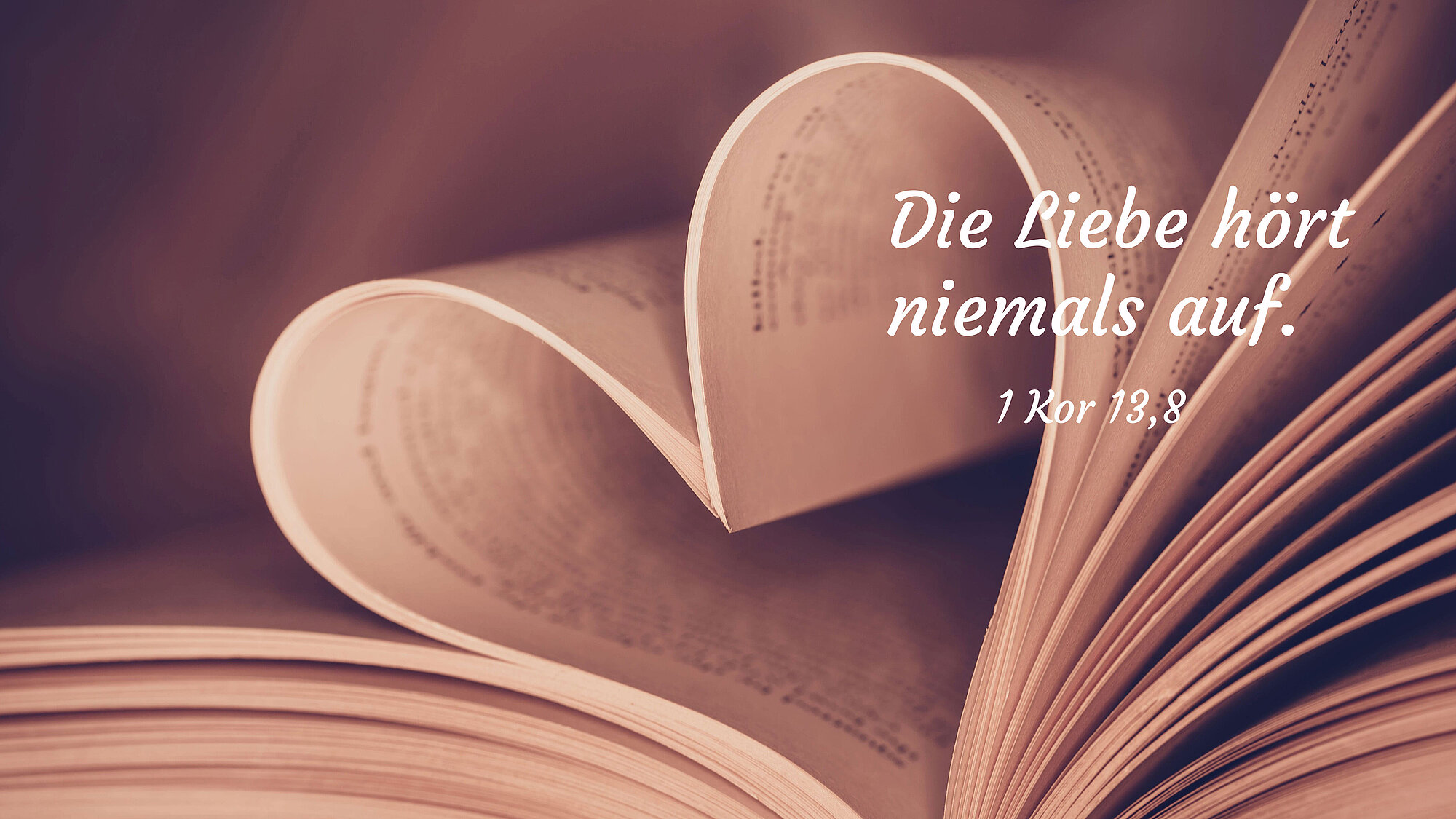 Ein Buch, bei dem einige Seiten so gerollt sind, dass sie ein Herz ergeben. Der Korinther-Vers "Die Liebe hört niemals auf" ist zu lesen.